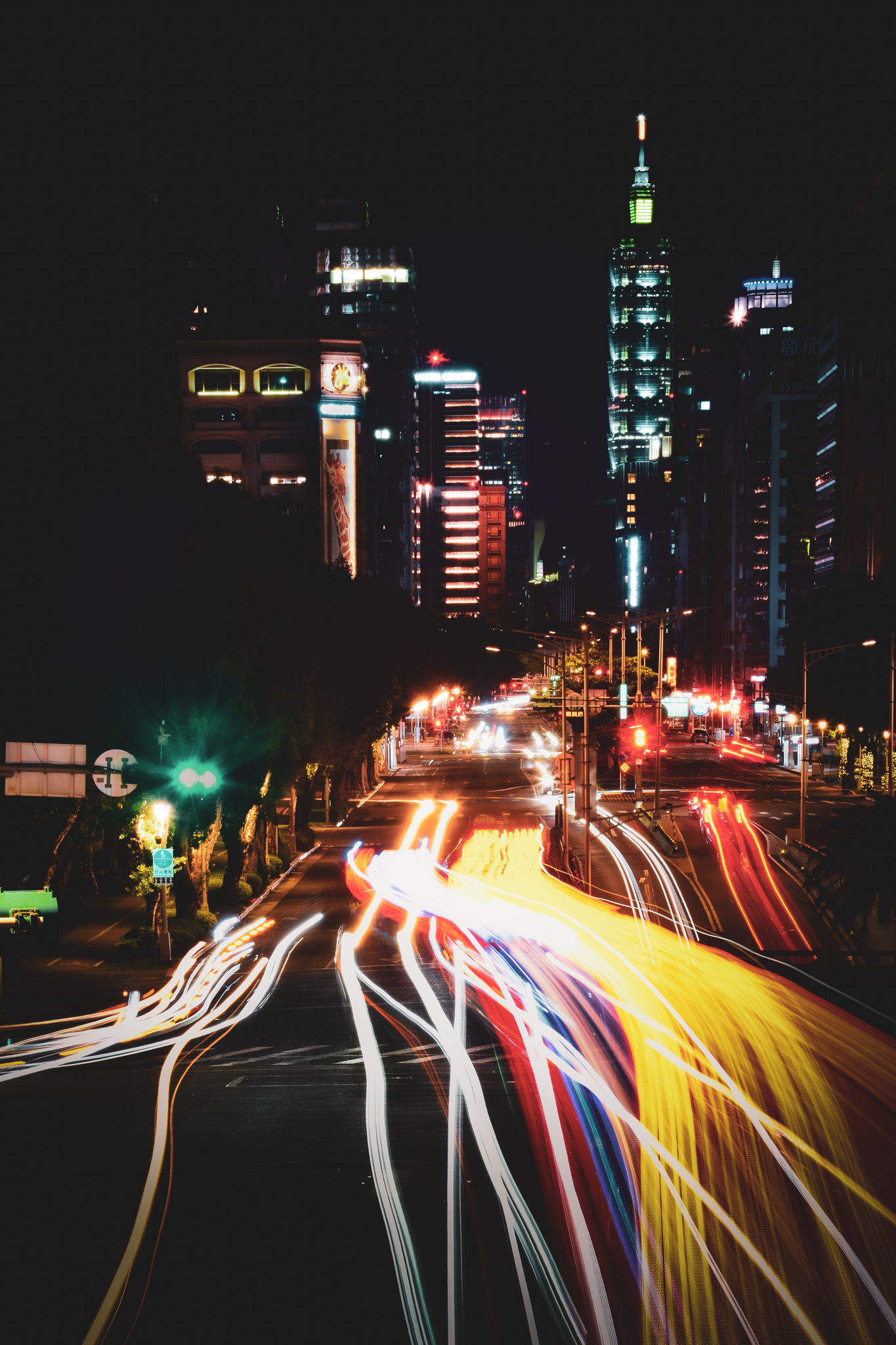 View of a busy street at night