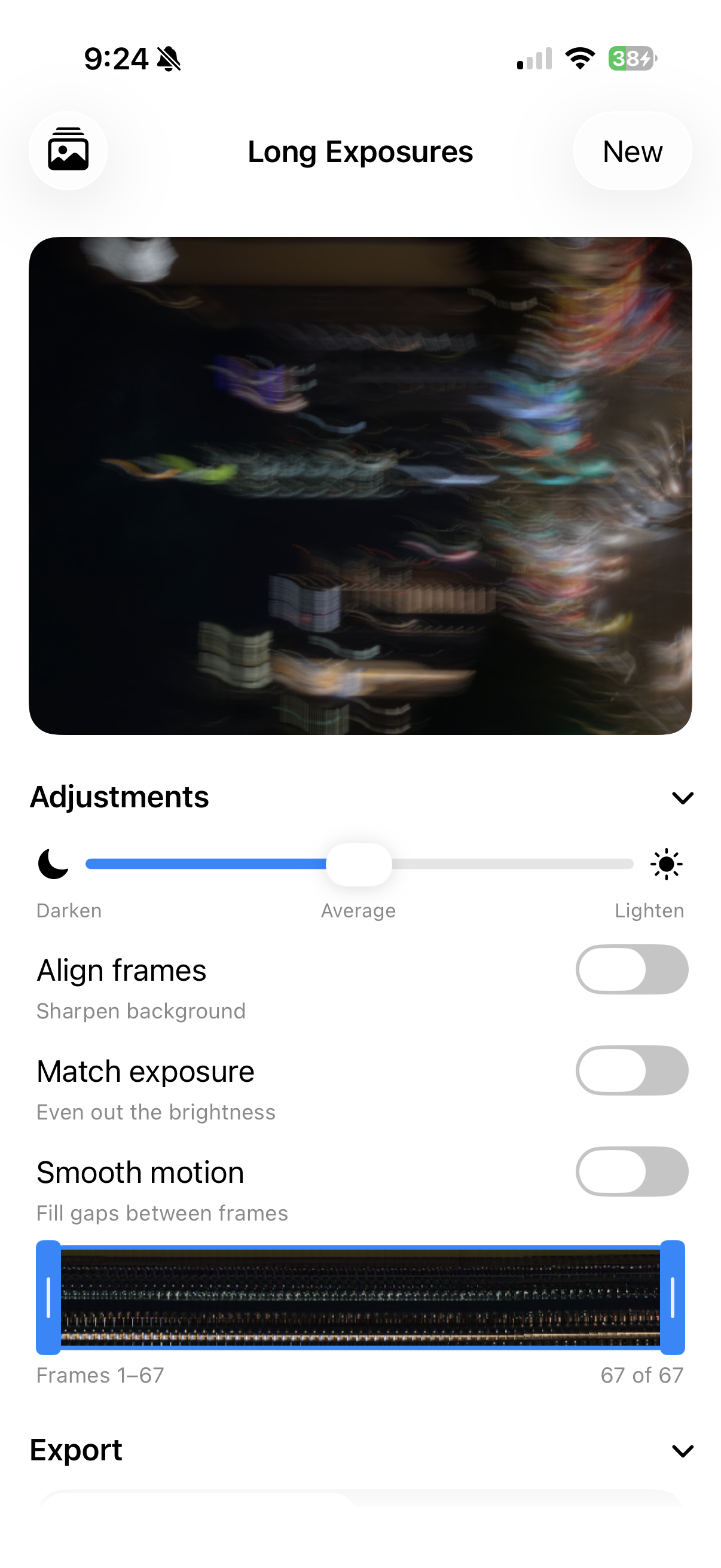 Long Exposures editor with Align frames off — the blended night street is a smeared, doubled blur from handheld shake